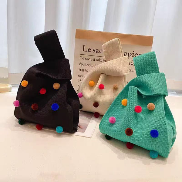 Pom Poms Knitted Wrist Bag