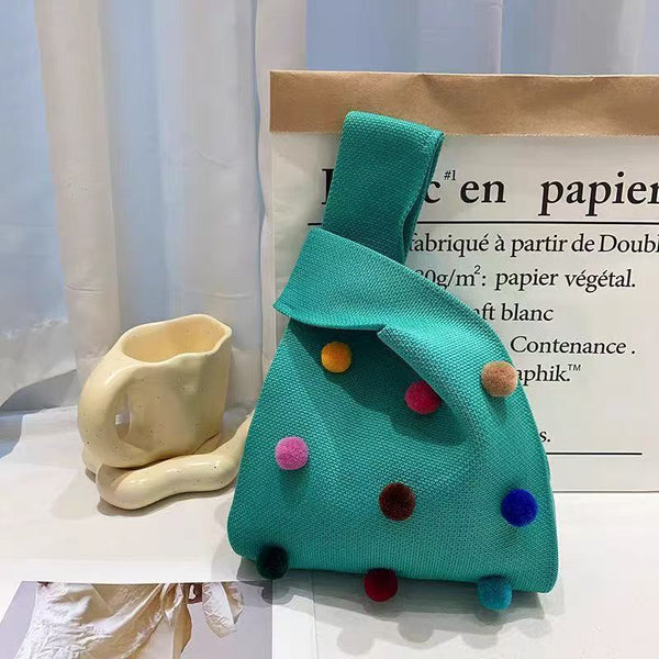 Pom Poms Knitted Wrist Bag