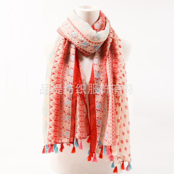 Red Ethnic Scarf With Tassels