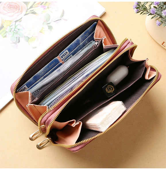 Large Capacity Double Zipper Wallet With Shoulder Straps