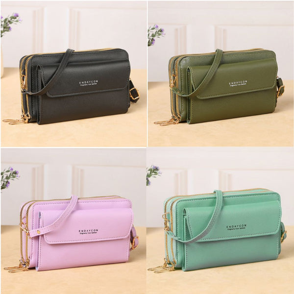 Large Capacity Double Zipper Wallet With Shoulder Straps