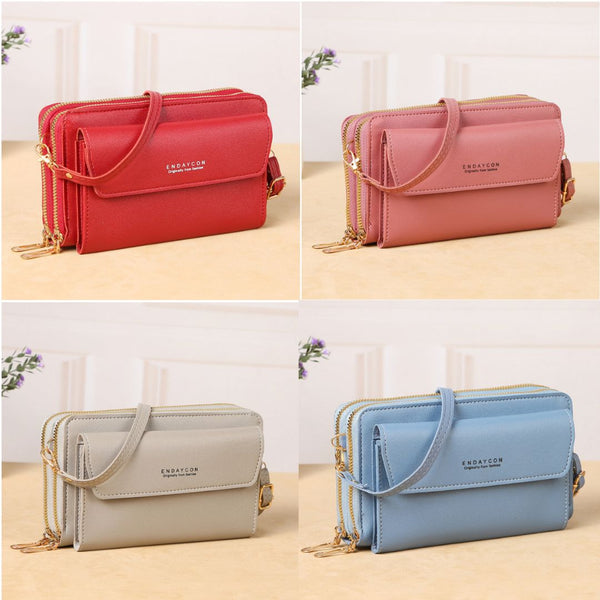 Large Capacity Double Zipper Wallet With Shoulder Straps