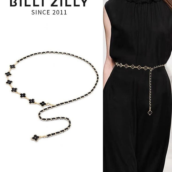 Four Leaf Clover Black and White Double Sided Chain Belt
