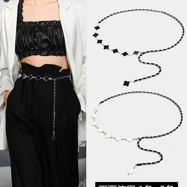 Four Leaf Clover Black and White Double Sided Chain Belt