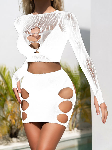 2 Piece Cutout Long Sleeve Net Outfit