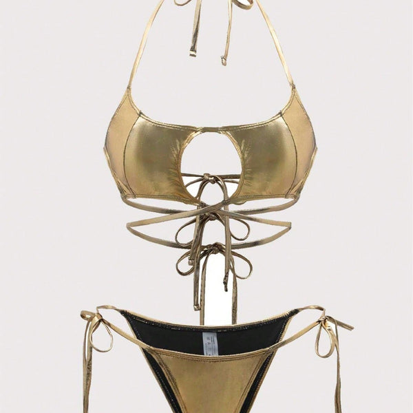 2 Piece Gold Halter Bikini