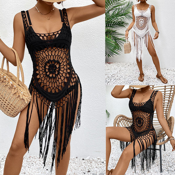 Hand Crochet Long Beach Shawl With Tassel