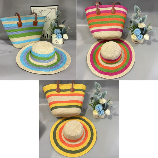 Color Block Matching Straw Bag And Hat