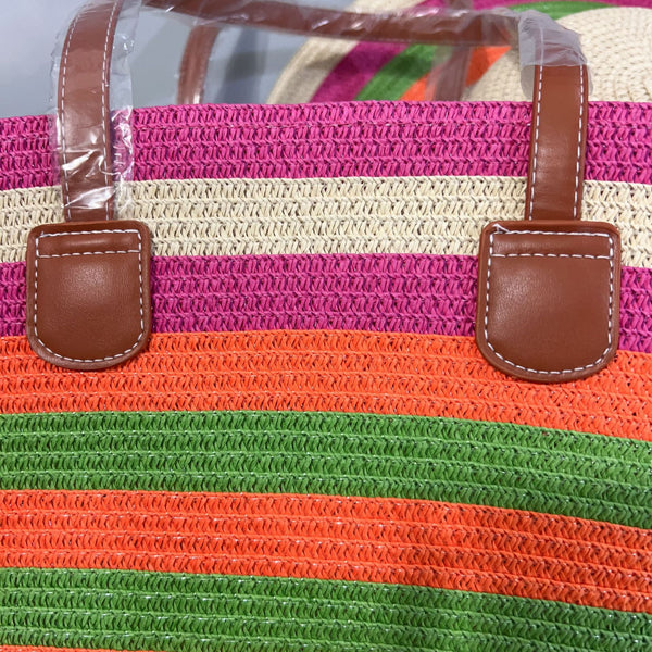 Color Block Matching Straw Bag And Hat