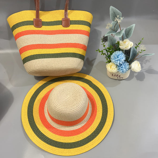 Color Block Matching Straw Bag And Hat