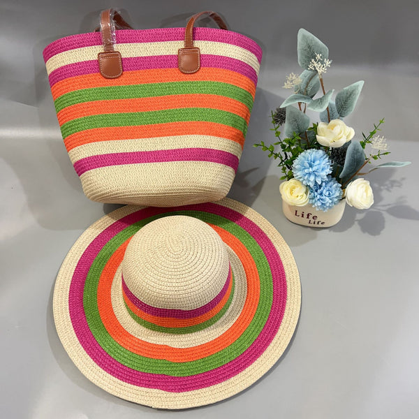 Color Block Matching Straw Bag And Hat