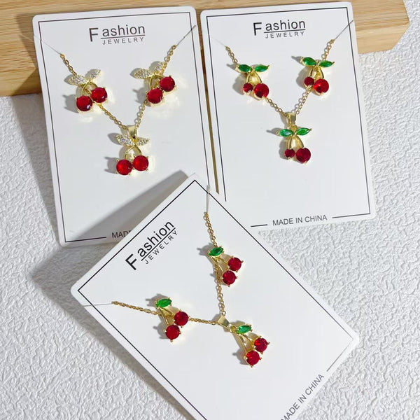 Red Cherry Necklace and Earrings Set
