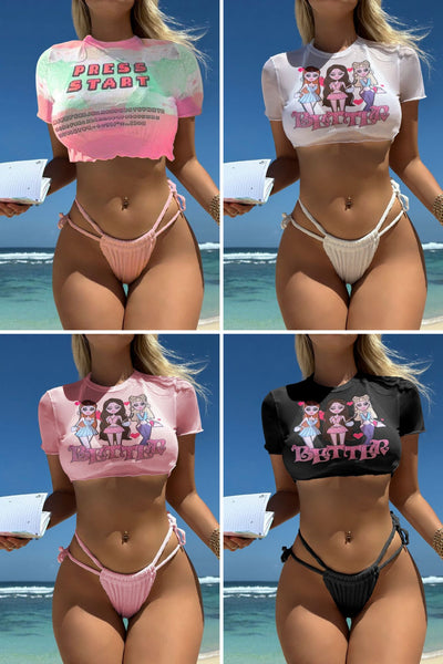 Portrait Print Drawstring Strap 3 Piece Swimsuit