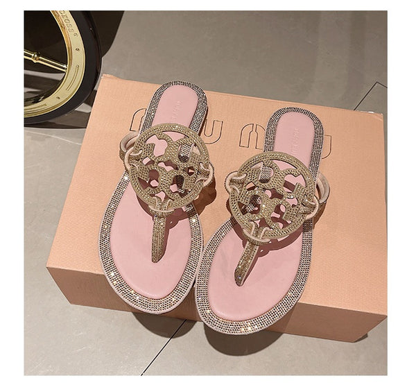TB Leather Flip-Flops with Rhinestone