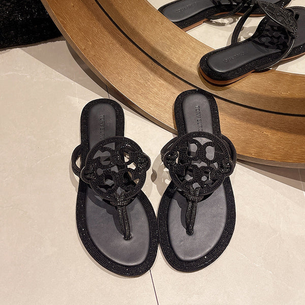 TB Leather Flip-Flops with Rhinestone