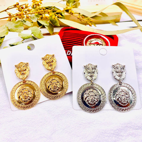 Embossed Lion Head Metal Earrings