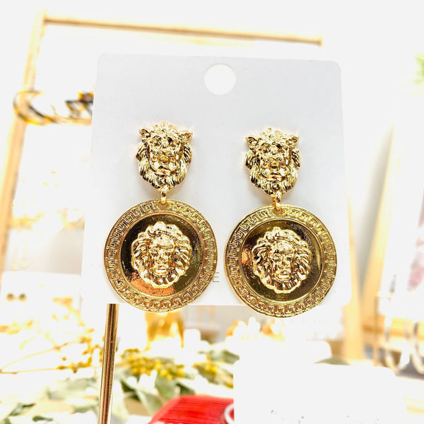 Embossed Lion Head Metal Earrings