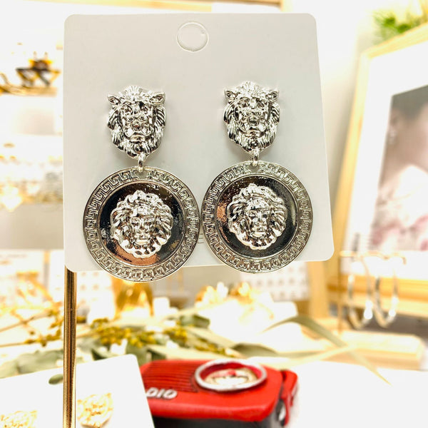 Embossed Lion Head Metal Earrings