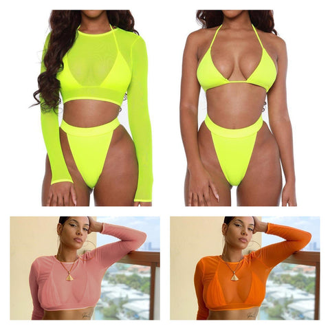 3 Piece Bikini Mesh Top Swimsuit 9074