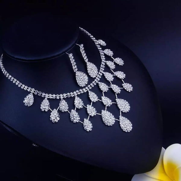 Waterdrop Pendant Rhinestones Necklace And Earring Set