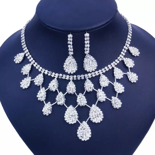 Waterdrop Pendant Rhinestones Necklace And Earring Set