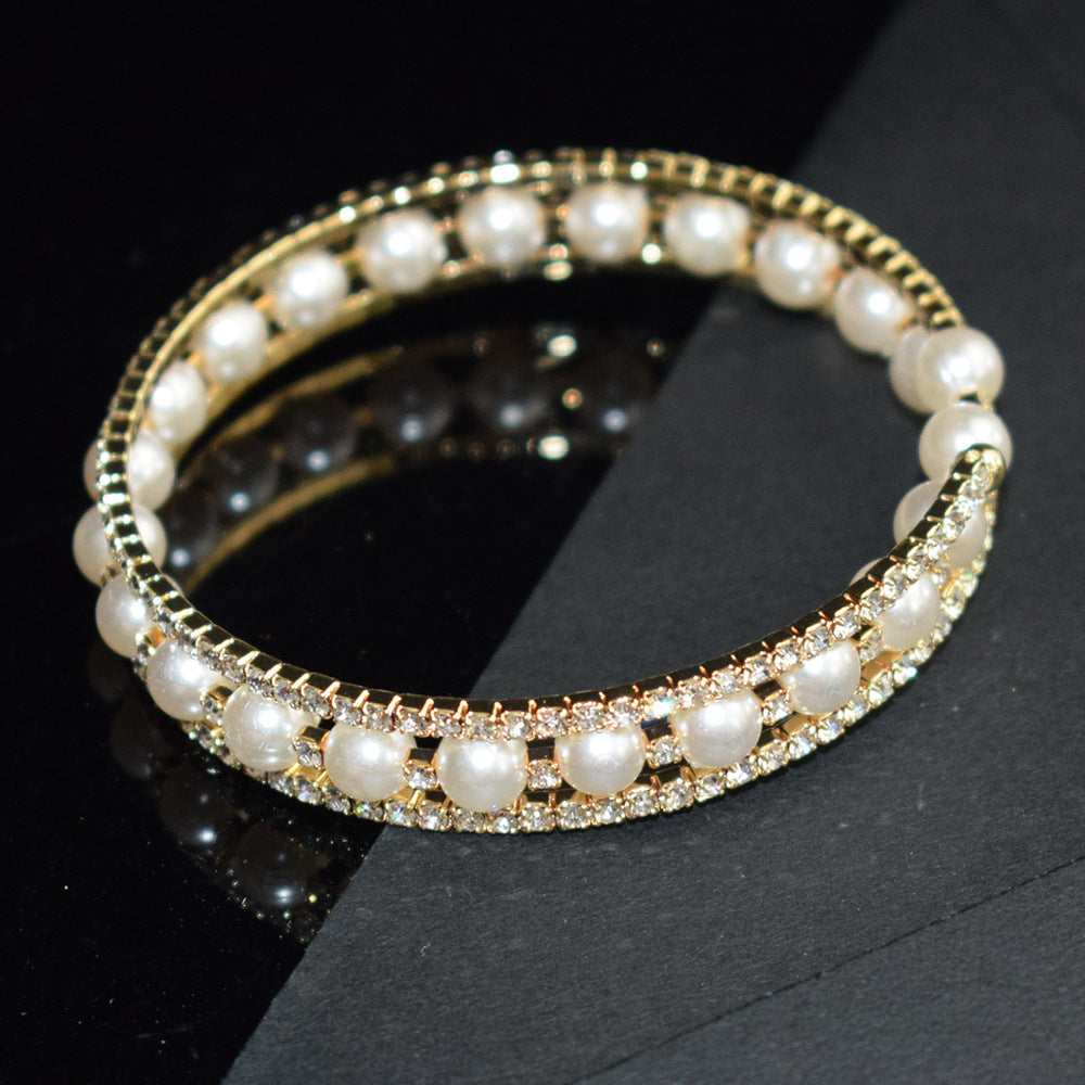 Layered Rhinestone Pearl Bracelet